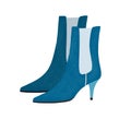 Fashion women's cone-heeled suede boots with elastic fabric tab. Modern trendy footwear. Colored flat vector