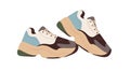 Fashion women sneakers pair. Comfortable leather sport shoes. Casual multicolor laced footwear. Comfy female foot wear