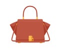 Fashion women trapeze flap bag with handle, shoulder strap and gold buckle. Modern stylish handbag with wide expanded