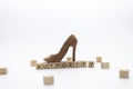 The fashion wooden shoe is standing on the wooden cubes with the word AUTHORITY against white background