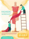 Fashion workshop concept poster. Male designers measuring tape for dress on mannequin in atelier