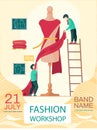 Fashion workshop, custom tailoing concept poster. Sewing studio with designers near mannequin