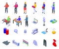 Fashion workshop icons set isometric vector. Factory sewing