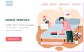 Fashion workshop landing page template with man textile factory worker folds bed linen in shop