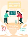 Fashion workshop website concept poster. Female seamstresses planning pattern for future clothes