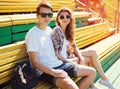 Fashion young couple teenagers are resting in the city Royalty Free Stock Photo