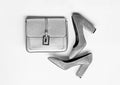 Fashionable accessories concept. Pair of fashionable high heeled shoes and silver purse. Shoes made out of grey suede on