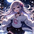 A fashionable anime girl walking alone with happy face, in a snowing night with moon, anime style, beautiful, wallpaper