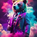 Fashionable anthropomorphic bear boss in a suit standing in pink neon sky