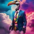 Fashionable anthropomorphic Pelican wearing colorful neon business suit