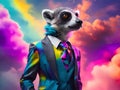 Fashionable anthropomorphic portrait of lemur wearing colorful neon business suit