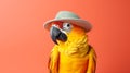 Fashionable anthropomorphic portrait of a yellow parrot wearing a hat