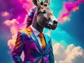 Fashionable anthropomorphic portrait of punk donkey wearing colorful neon business suit