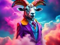 Fashionable anthropomorphic portrait of ram wearing colorful neon business suit
