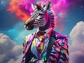 Fashionable anthropomorphic portrait of zebra a wearing colorful neon business suit