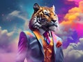 Fashionable anthropomorphic tiger boss in a suit standing in pink neon sky