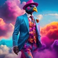 Fashionable anthropomorphic turkey boss in a suit standing in neon sky