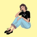 fashionable art illustration sketch pensive dreamy girl in sitting pose