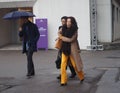 MILAN - FEBRUARY 22, 2018: Fashionable woman walking in the street before LES COPINS fashion show, during Milan Fashion Week Woman Royalty Free Stock Photo