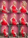 Fashionable attractive blonde woman in red dress sitting on chair. Beautiful elegant woman with red scarf posing in elegant scene Royalty Free Stock Photo