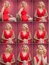 Fashionable attractive blonde woman in red dress sitting on chair. Beautiful elegant woman with red scarf posing in elegant scene Royalty Free Stock Photo