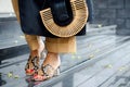 Fashionable bag close-up in female hands.Girl walks in the city outdoors. Stylish modern and feminine image, style. Woman in a dre Royalty Free Stock Photo