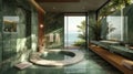 Fashionable bathroom, futuristic design, large green marble tiles, wooden details, sensors, towel holders, AI generated