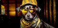 Fashionable beautiful dog wearing sunglasses, bandan and orange jacket. Studio shot