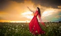 Fashionable beautiful young woman in long red dress posing outdoor with cloudy dramatic sky in background. Attractive brunette Royalty Free Stock Photo