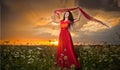 Fashionable beautiful young woman in long red dress posing outdoor with cloudy dramatic sky in background. Attractive brunette Royalty Free Stock Photo