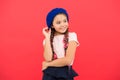 Fashionable beret accessory. Teenage fashion. French fashion attribute. Child small girl happy smiling baby. Kid little