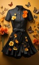 Fashionable black dress with flowers and butterflies on orange background. black and yellow dress