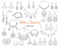 Fashionable boho jewelry accessories collection, vector hand drawn doodle illustration.