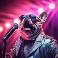 Fashionable bulldog in leather jaket and sunglasses sings into a microphone on stage