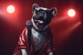 Fashionable bulldog in red jaket sings into a microphone on stage