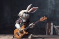 A fashionable bunny dressed in punk rock style plays the guitar. AI generated