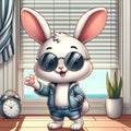 A fashionable bunny pose in cute, wearing black sunglasses, alarm clock, potted plant, big window, cartoon style, trendy, animal