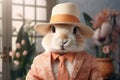 A fashionable bunny rabbit in a peach-colored suit and hat. Easter postcard in trendy color