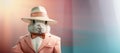 A fashionable bunny rabbit in a peach-colored suit and hat. Easter postcard in trendy color