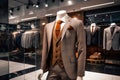 Fashionable business suit on display in the business suit shop. Strict premium expensive suits and accessories hang in a row on