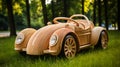 Eco-friendly Wooden Car: Intricately Textured Craftsmanship On Grassy Lawn