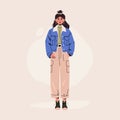 Fashionable cartoon girl. Stylish women in trendy outfit, fashion character wearing casual clothes. Vector flat