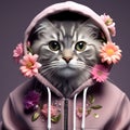 Fashionable Cat: Adorable Feline Wearing Embellished Hoodie with Flowers in 4K