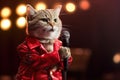 Fashionable cat in red jaket sings into a microphone on stage