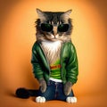 Fashionable cat wearing blue low-rise 90s style jeans, green bomber jacket and dark green sunglasses