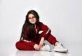 Trendy caucasian preteen girl model in fashion eyeglasses and tracksuit Royalty Free Stock Photo