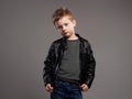 Fashionable child in leather coat.stylish little boy