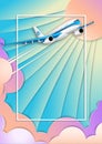 The flight of a white passenger liner. Frame for text. Ultraviolet sky, sun and cumulus clouds. The effect of cut paper. Royalty Free Stock Photo