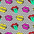 Fashionable colorful lips. Seamless pattern on zig zag background