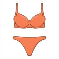 Fashionable and colorful orange swimsuit. Two-piece swimwear, bikini tops and bottoms. Isolated on white background